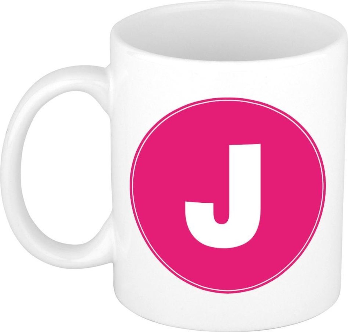 Mok / beker met de letter J roze bedrukking voor het maken van een naam / woord of team