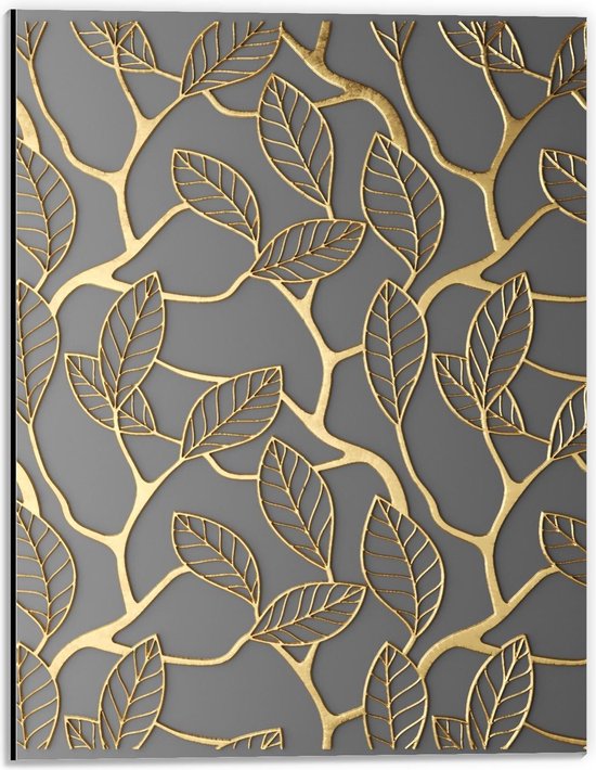 Dibond - Patroon van Gouden Bladeren - 30x40cm Foto op Aluminium (Wanddecoratie van metaal)
