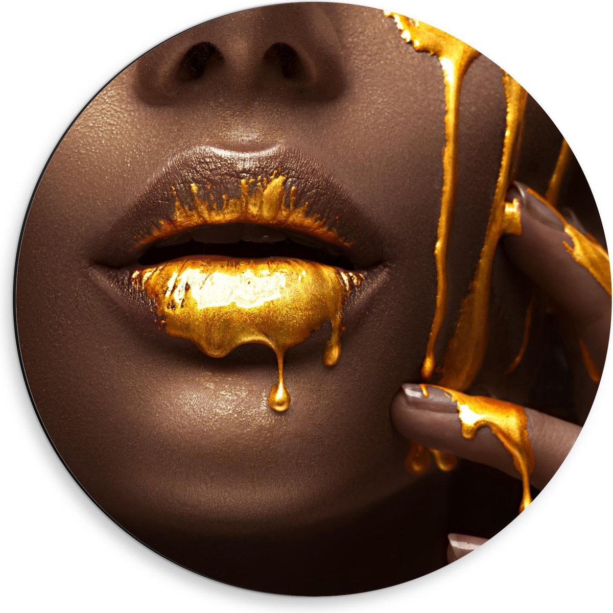 Dibond Wandcirkel - Gouden Verf op Gezicht - 50x50cm Foto op Aluminium Wandcirkel (met ophangsysteem)