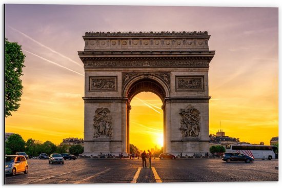 Dibond - Arc de Triomphe in Parijs met Zonsondergang - 60x40cm Foto op Aluminium (Wanddecoratie van metaal)