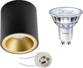 Opbouwspot Set - Pragmi Cliron Pro - GU10 Fitting - Opbouw Rond - Mat Zwart/Goud - Verdiept - Ø90mm - Philips - SceneSwitch 827 36D - 1.5W-5W - Warm Wit 2200K-2700K - Dimbaar - BES LED