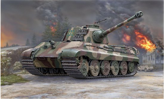 Modèle de char 'Tiger II Ausf. B' en camouflage, portant le numéro 332. À l'arrière-plan, un incendie et une maison.