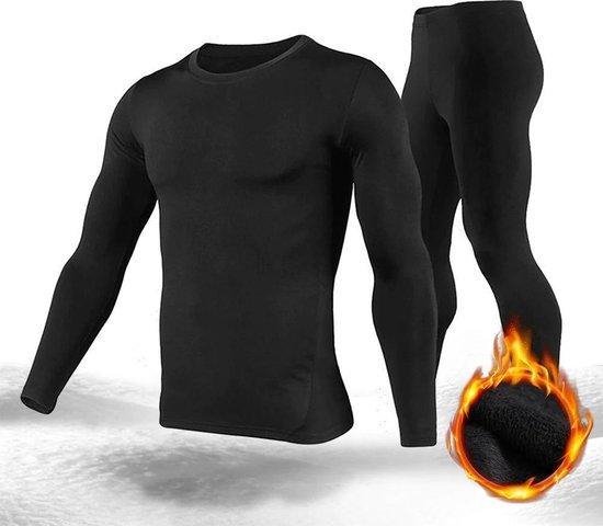 Fietskleding - Motorkleding - Skikleding - Heren - Broek & Shirt Set - Thermo Compressie Fleece Onderkleding - Zwart - Maat M - Merkloos
