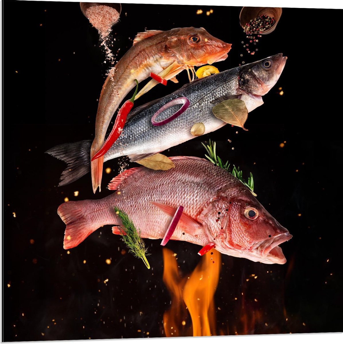 Dibond - Vissen met Specerijen op de BBQ - 80x80cm Foto op Aluminium (Wanddecoratie van me