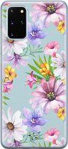 Samsung Galaxy S20 Plus siliconen hoesje - Mint bloemen - Soft Case Telefoonhoesje - Blauw - Bloemen