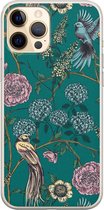 iPhone 12 Pro hoesje - Vogels Japanse bloemen - Soft Case Telefoonhoesje - Bloemen - Blauw