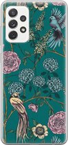 Samsung Galaxy A72 siliconen hoesje - Vogels Japanse bloemen - Soft Case Telefoonhoesje - Blauw - Bloemen