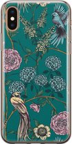 iPhone XS Max hoesje - Vogels Japanse bloemen - Soft Case Telefoonhoesje - Bloemen - Blauw
