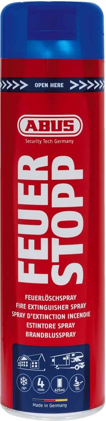 Een rode blik met blauwe dop en het opschrift 'FEUER STOPP'.