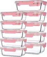 Perfect als moederdag cadeau cadeautje  10-Pack rechthoek glas maaltijd Prep Containers,(370ml+1040ml) BPA-vrije glazen voedselopslag met luchtdichte deksels voor lunch, roze