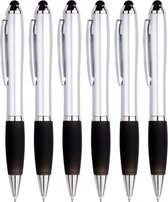 6 Pennen - Stylus en balpen in één - Geschikt voor Tablet / Smartphone - Universeel en met clip - Zilver / Zwart