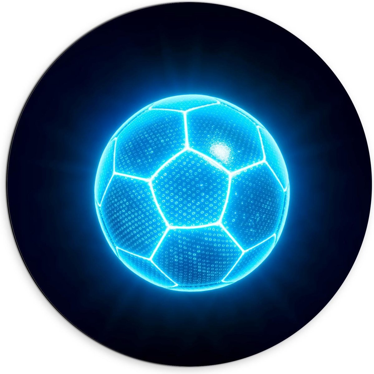 Dibond Wandcirkel - Blauwe Neon Voetbal - 70x70cm Foto op Aluminium Wandcirkel (met ophangsysteem)