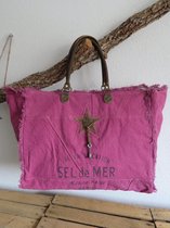 Hand/schouder/strandtas XXL tas van canvas en leer