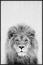 JUNIQE - Poster met kunststof lijst Leeuw zwart-wit foto -13x18 /Grijs