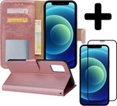 Hoes voor iPhone 12 Pro Max Hoesje Book Case Met Screenprotector Full Cover 3D Tempered Glass - Hoes voor iPhone 12 Pro Max Hoes Wallet Cover Met 3D Screenprotector - Rose Goud