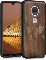 Étui pour téléphone kwmobile compatible avec Motorola Moto G7 / Moto G7 Plus - Étui avec pare-chocs en marron foncé - bois de noyer - Conception de la Wereldkaart