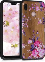 kwmobile telefoonhoesje compatibel met Huawei P20 Lite - Hoesje met bumper in poederroze / paars / bruin - walnoothout - Hout Bloemen design