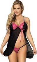 Subblime - zwart&roze doorschijnend lingerie jurkje - maat L/XL - fetish - bloemen motief