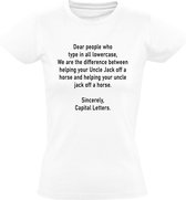 Hoofdletters gebruiken dames t-shirt | spelling | nederlands | school | ome jack | grappig | engels | Wit