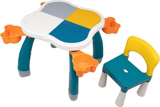 Decopatent® - Kindertafel Met 2 Stoeltjes - Speeltafel Met Bouwplaat En Vlakke Kant 2 Bakjes Geschikt Voor Duplo Bouwstenen