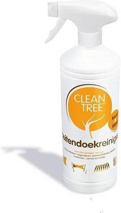 Fles spuitbus 'Clean Tree' met oranje label, voor het reinigen van buitendoeken.