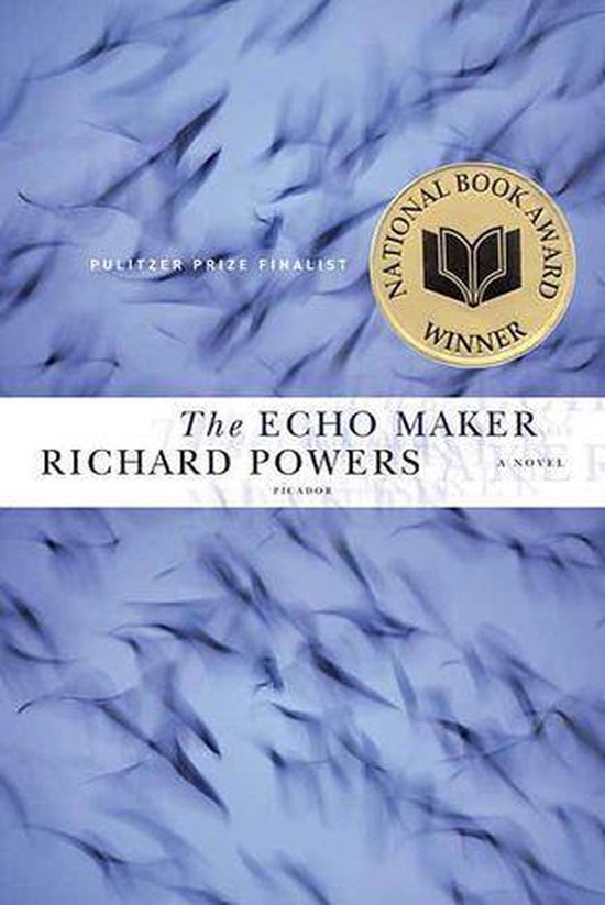 Boek kaft 'The Echo Maker' van Richard Powers, met "Pulitzer Prize Finalist" en "National Book Award Winner" logo's. Blauwe achtergrond met donkere patronen.