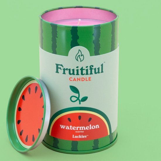 Groene kaarsenhouder met watermeloenprint, deksel met watermeloenschijf.