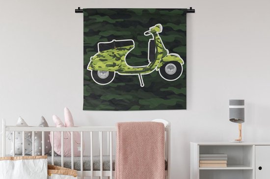 Illustration de la Tapisserie Vespa - Illustration d'une Vespa aux couleurs camouflage Tapisserie coton 90x90 cm - Tapisserie avec photo