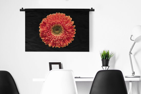 Tapisserie Plantes sur fond noir - Une fleur de gerbera orange sur fond noir Tapisserie en coton 90x60 cm - Tapisserie avec photo