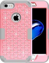 Voor iPhone 8 & 7 3 in 1 Diamond Encrusted PC + siliconen combinatiehoes (grijs + roze)