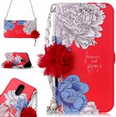 Voor LG K10 (2017) (EU-versie) Rode achtergrond Chrysanthemum patroon Horizontale flip lederen tas met houder en kaartsleuven & parelbloem Ornament & ketting