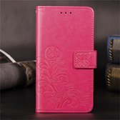 Lucky Clover geperst bloemenpatroon lederen tas voor Huawei Honor 9X, met houder en kaartsleuven en portemonnee en handriem (roze)