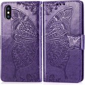 Butterfly Love Flowers Embossing Horizontale Flip Leather Case voor iPhone XS Max, met houder & kaartsleuven & portemonnee & lanyard (donkerpaars)