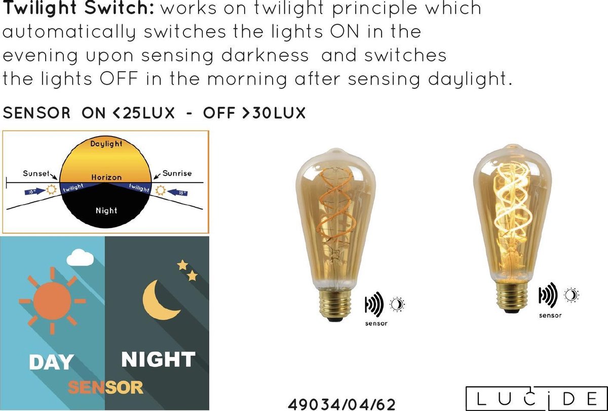 Lucide ST64 TWILIGHT SENSOR - Filament lamp Buiten - Ø 6,4 cm - LED - E27 -  1x4W 2200K... | bol.com