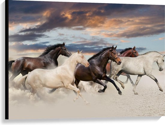 Canvas  - Galopperende Paarden door het Zand - 100x75cm Foto op Canvas Schilderij (Wanddecoratie op Canvas)