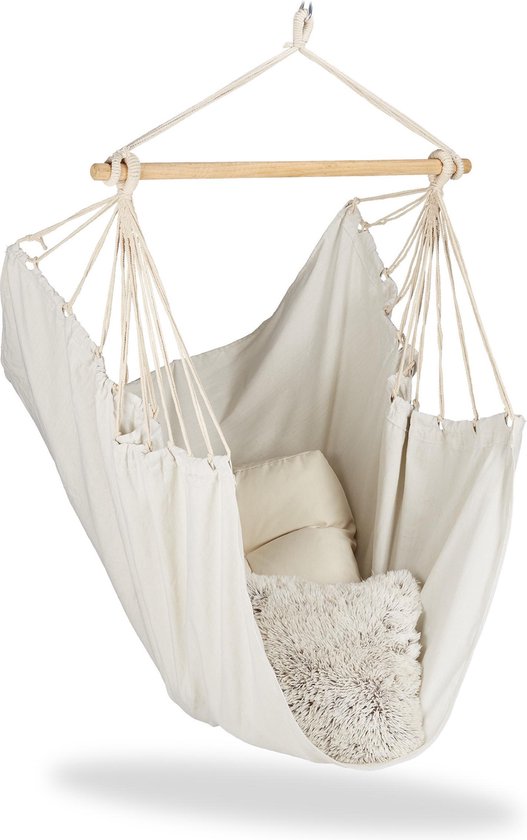 Relaxdays hangstoel - modern - katoen - 150 kg - hangmatstoel - binnen en buiten - blauw - beige