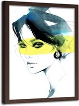 Foto in frame , Vrouw met gele streep op gezicht ,70x100cm , Zwart wit geel , wanddecoratie