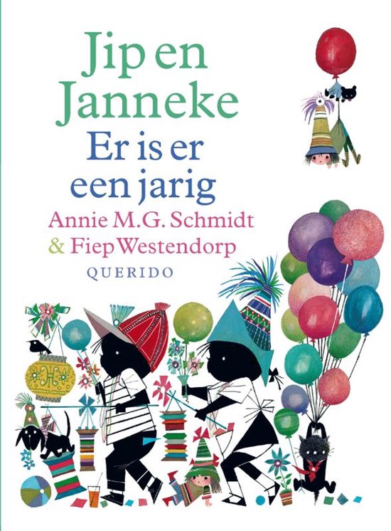 Jip et Janneke avec des guirlandes, des ballons et des chapeaux de fête.