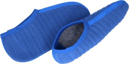 Paar blauwe Bama laarssokken met grijze voering en verticale stiksels.