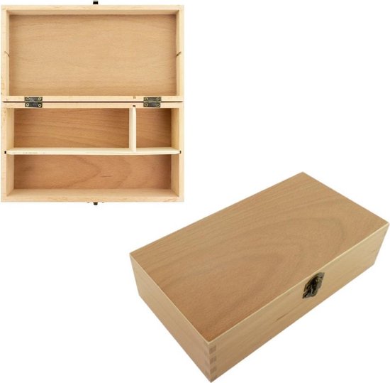 Tekendoos - 3 vaks indeling - hout - opbergbox - 25 x 13 cm