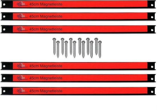 Zes zwarte magnetische stroken van 45 cm met rode inzetstukken en schroeven.
