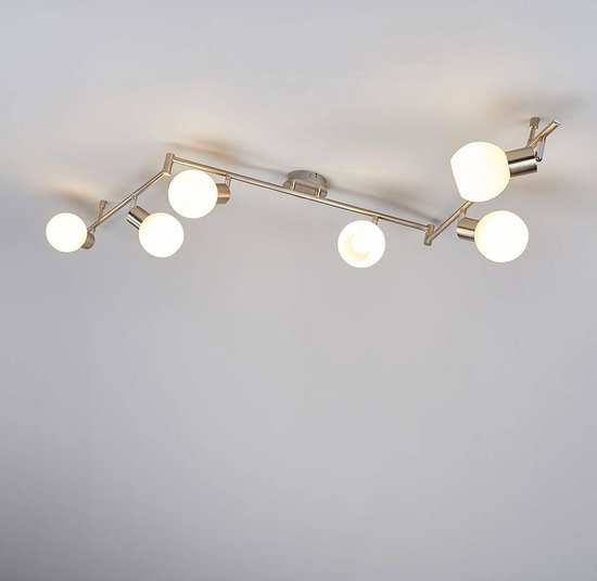 Lindby - Plafonnier LED - 6 lumières - métal, verre - H : 19,5 cm - E14 - nickel mat, blanc opale - Sources lumineuses incluses