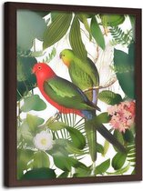 Foto in frame , 2 Papegaaien tussen de bladeren  ,70x100cm , multikleur , wanddecoratie , Premium print