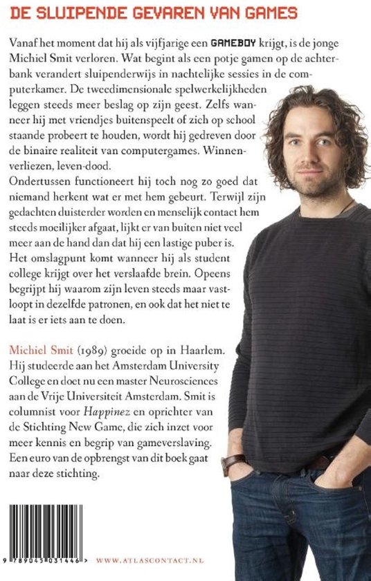 Boekomslag met tekst 'De sluipende gevaren van games' en een foto van een man.