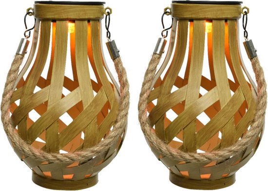 2x stuks solar lantaarn ijzer goud met vlam effect 18,5 cm – Tuinlantaarns – Solarverlichting – Tuinverlichting