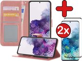 Samsung S20 Hoesje Book Case Met 2x Screenprotector - Samsung Galaxy S20 Case Wallet Hoesje Met 2x Screenprotector - rose Goud