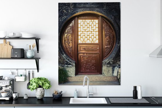Traditionele Chinese deur Canvas 90x120 cm - Foto print op Canvas schilderij (Wanddecoratie woonkamer / slaapkamer)