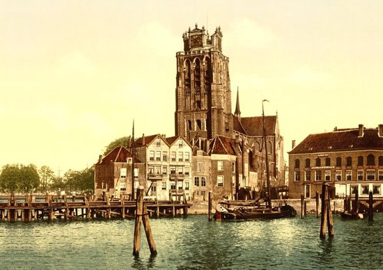 Oud Stadsgezicht Dordrecht - Kerk en Haven - Oude Foto Print op Poster A1 84x59cm