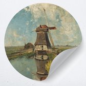 Muurcirkel "Een molen aan een poldervaart" | Zelfklevende behangcirkel | woonkamer muur decoratie accessoires | rond kunstwerk