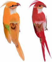 4x stuks decoratie kunststof vogels papegaaien op clip oranje/rood van 13 cm - Tropische feest thema/versiering